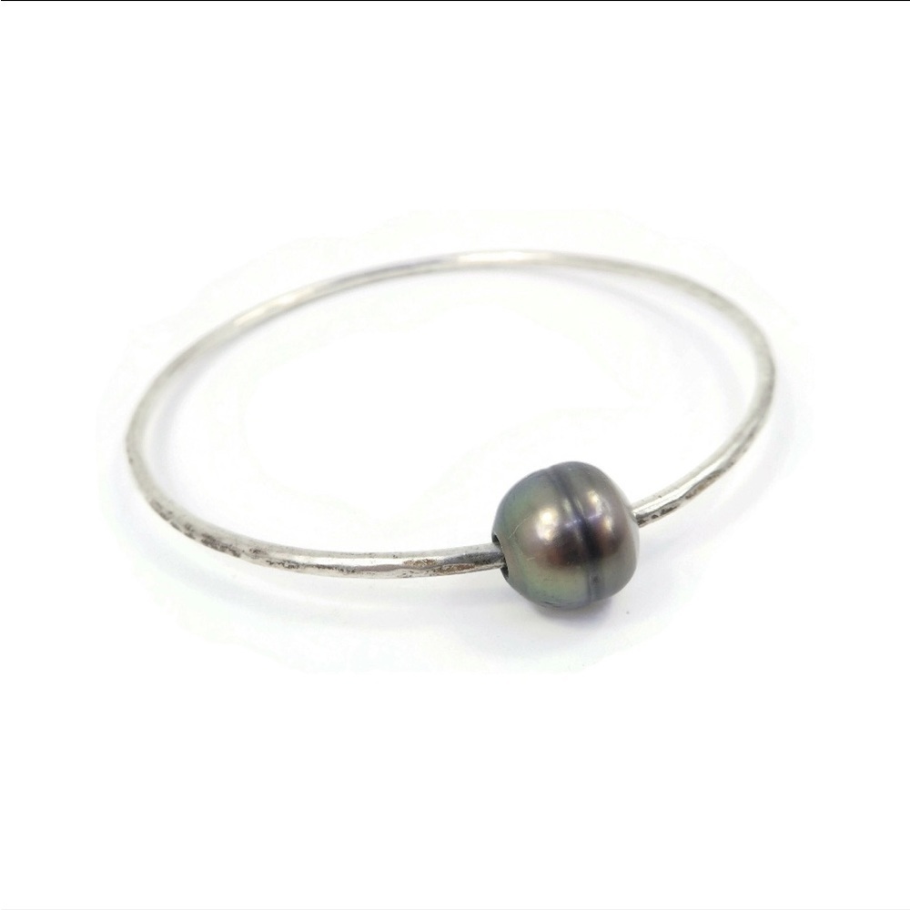 Vintage Sterling, Genuine Pearl Bangle, Bracelet, Hammered, Slide Bead